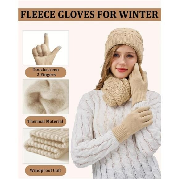 Womens Winter Beanie Scarf Gloves Set Touchscreen Warm Knit Cold Weather Set - Picture 3 of 7